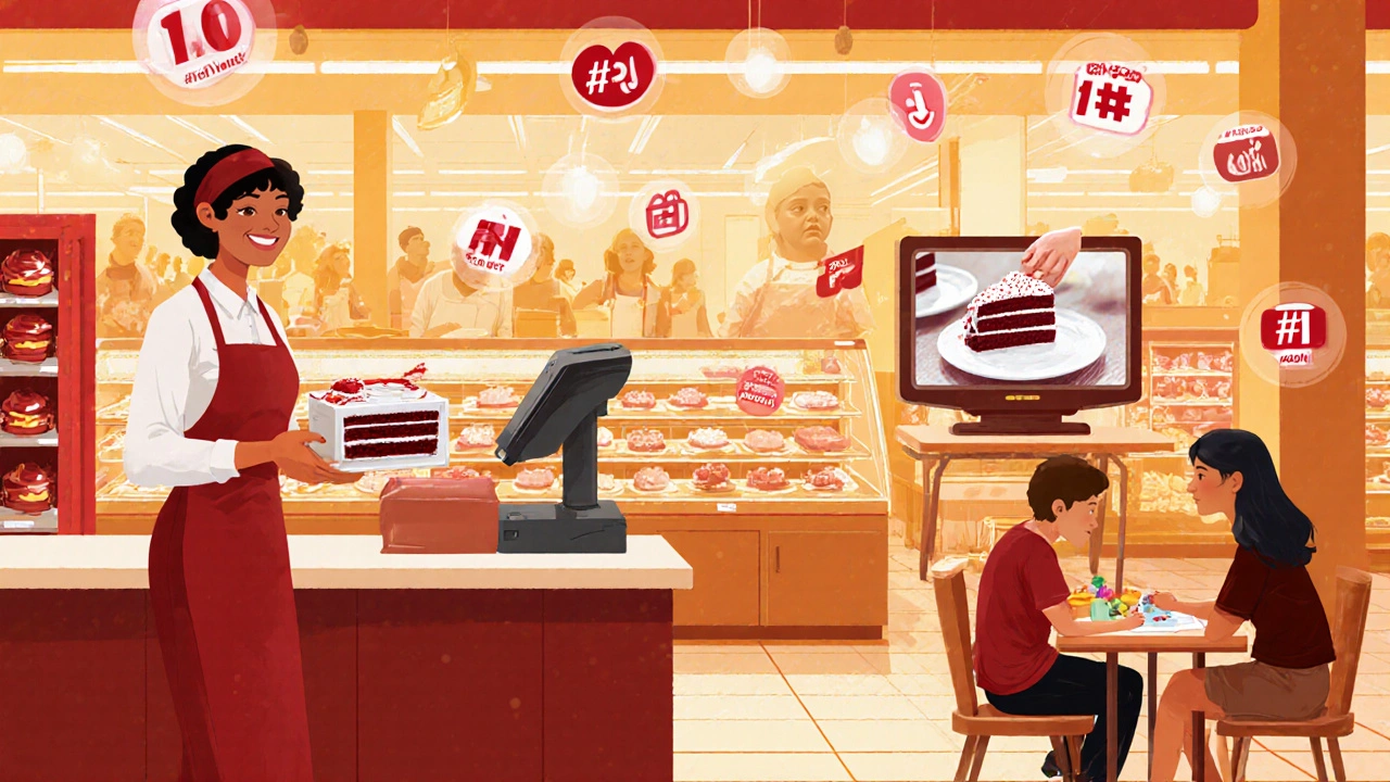 Bakery aisle with cashier scanning red velvet cake and TV cooking show in background.