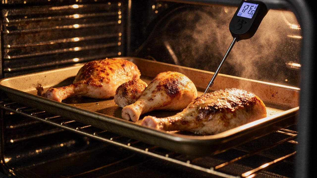 Baking sheet inside oven showing browned chicken pieces and thermometer reading.