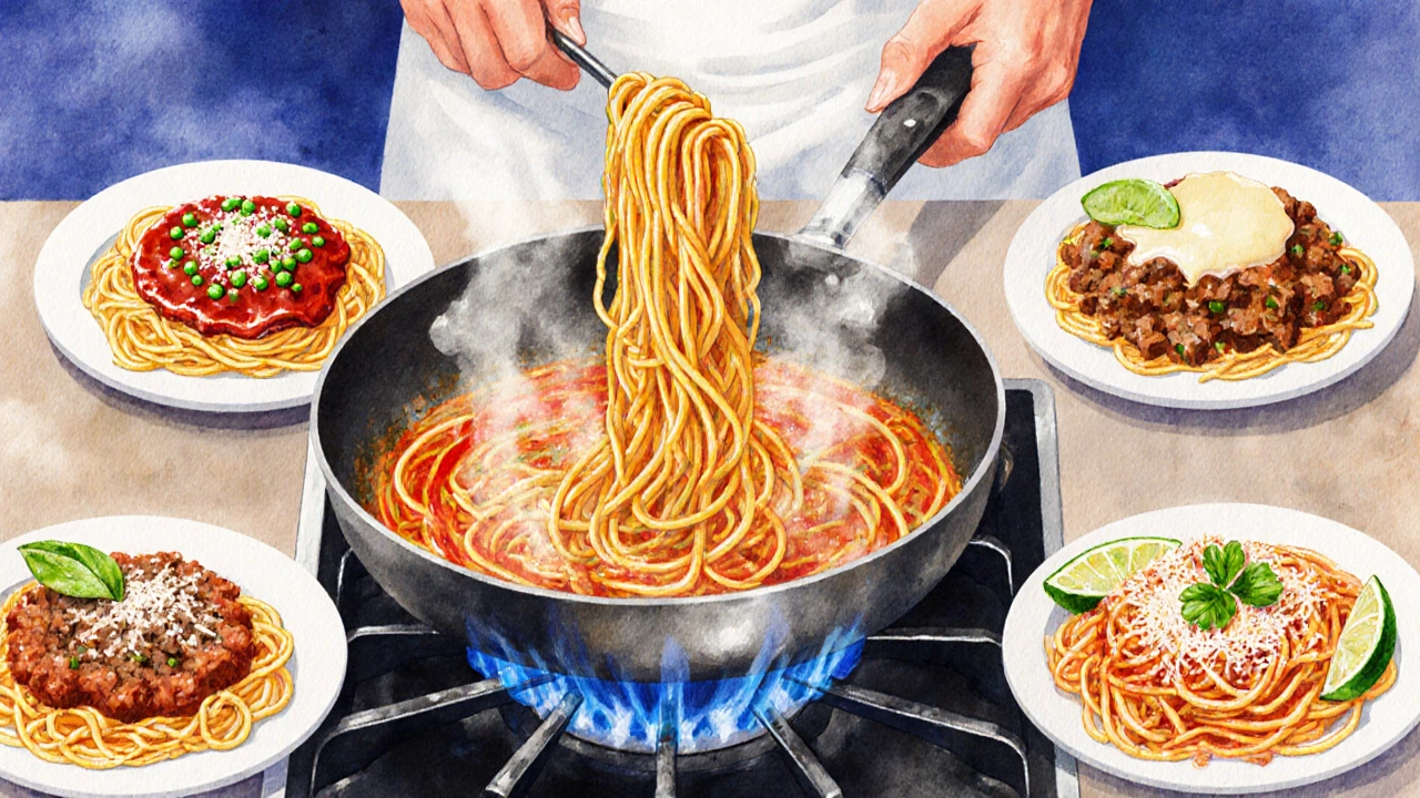 Chef tossing spaghetti in a skillet, surrounded by plates of Japanese, Brazilian, Australian, and Mexican versions.