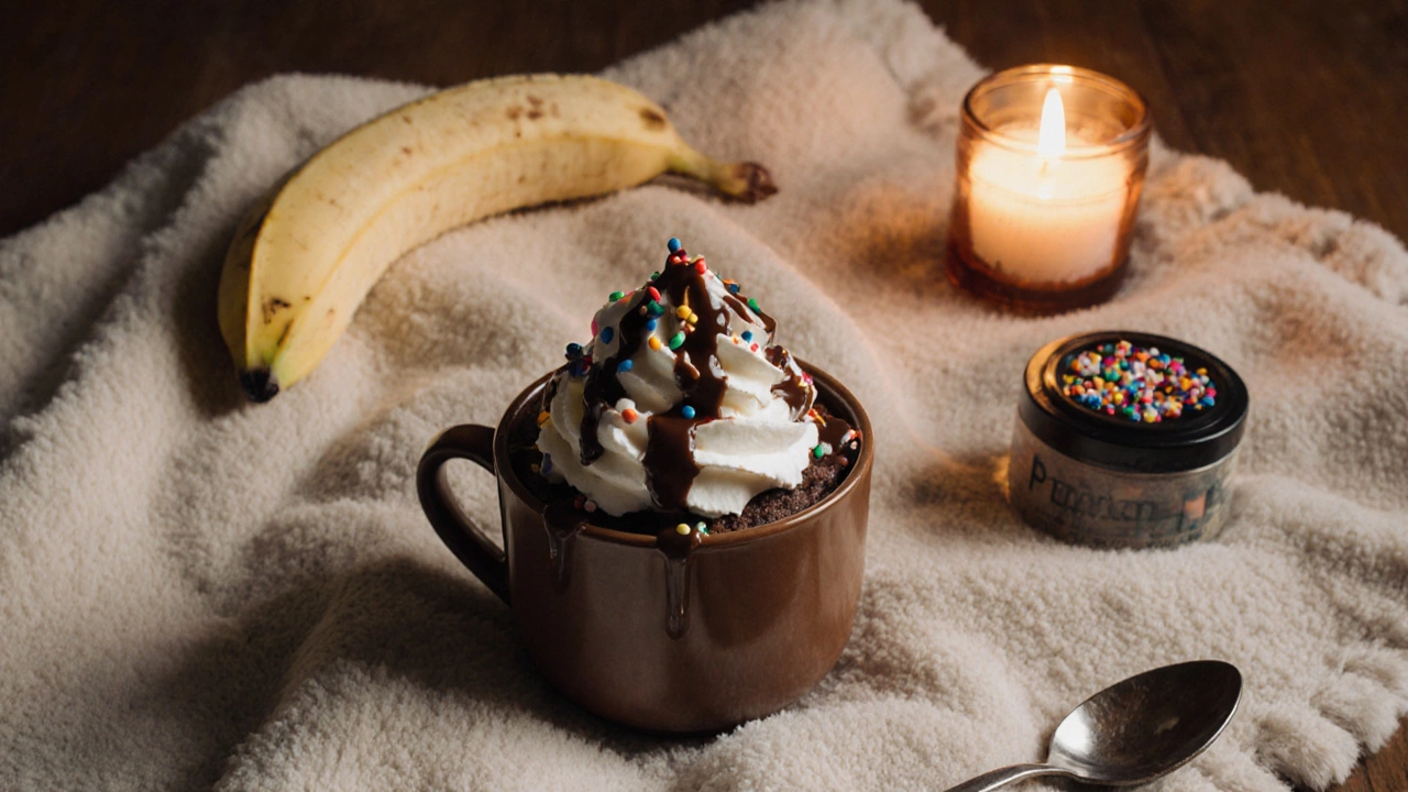Chocolate mug cake topped with whipped cream, sauce, and sprinkles.