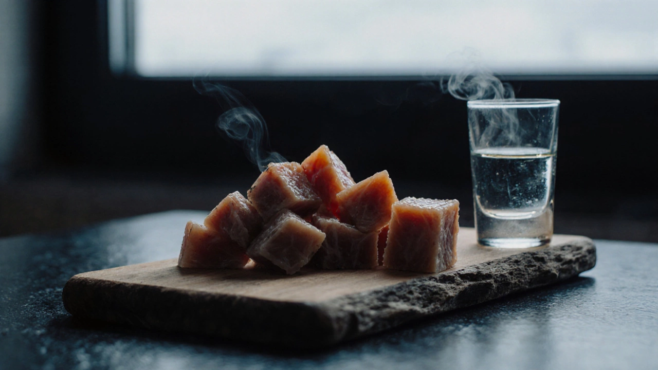 Close‑up of amber Hákarl cubes on wood beside a shot of clear Brennivín.