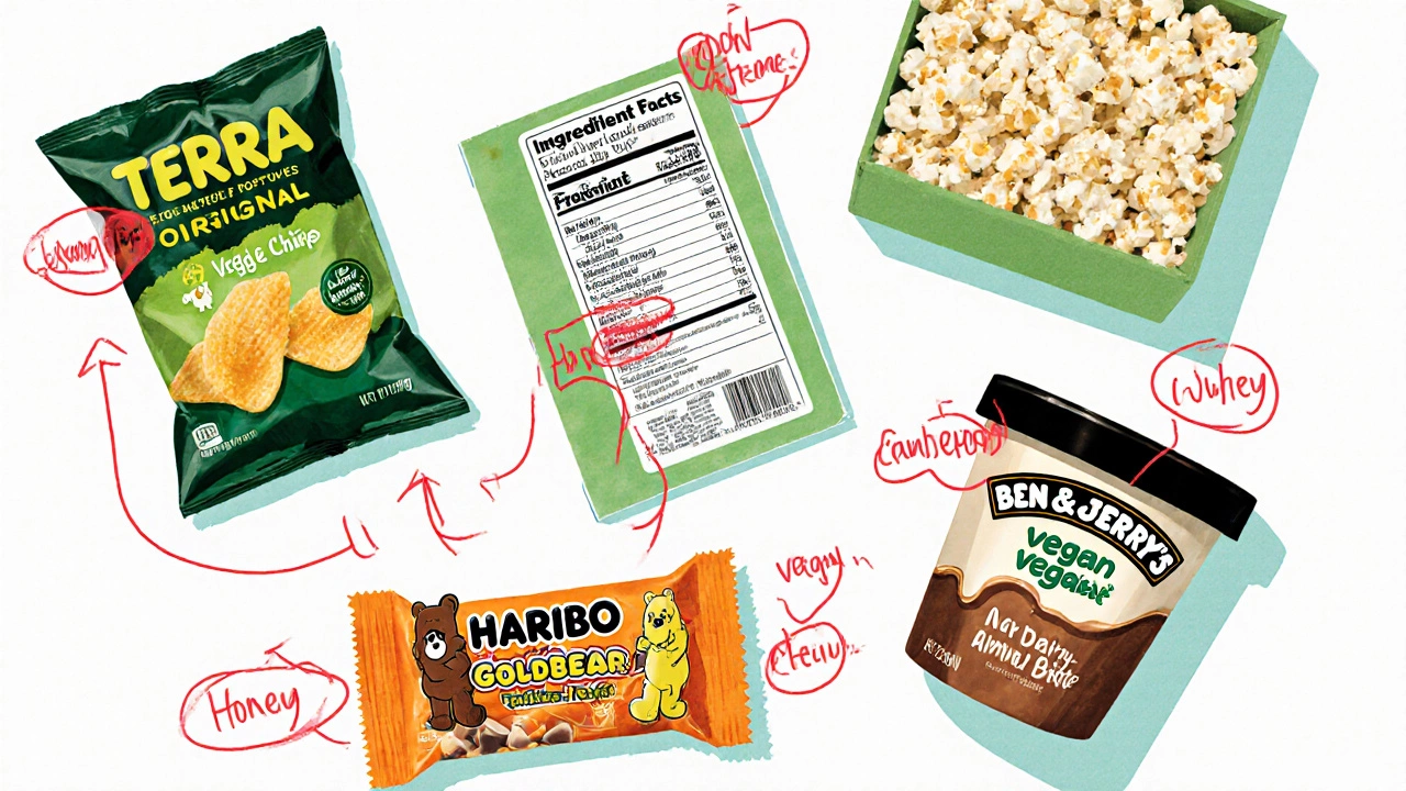 Close‑up of snack packaging showing vegan logo and ingredient list with hidden animal ingredients highlighted.