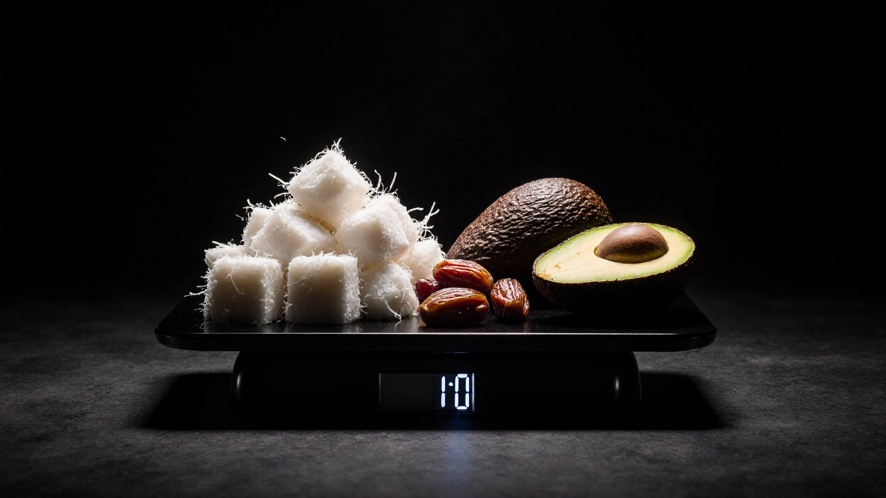 Coconut meat, avocado half, and dates placed on a kitchen scale against a dark backdrop.