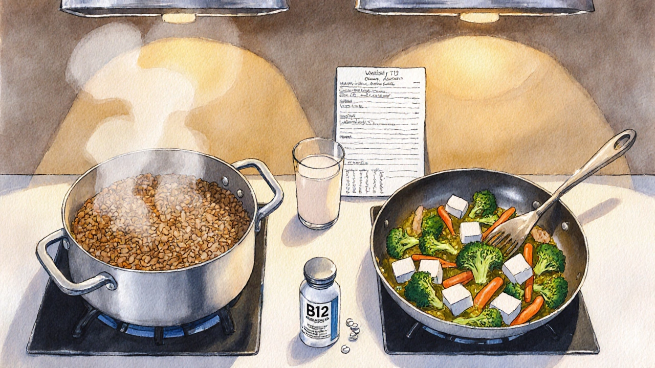 Cook stirring rice and lentils while sautéing tofu with veggies, B12 supplement nearby.