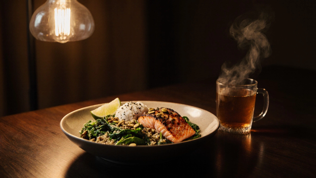 Evening meal with salmon‑spinach bowl, quinoa, pumpkin seeds, and chamomile tea.