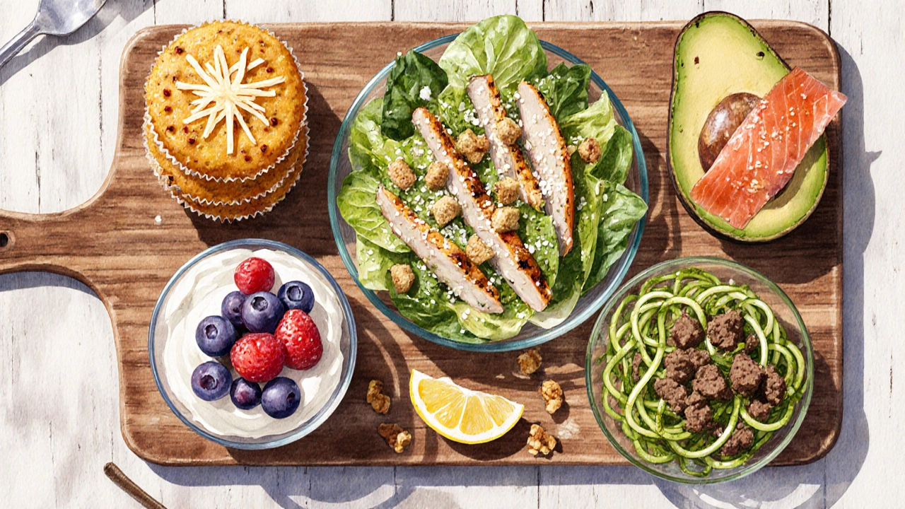 Flat‑lay of a full‑day low‑carb menu: egg muffins, yogurt with berries, chicken Caesar salad, avocado with salmon, zucchini noodle pasta.