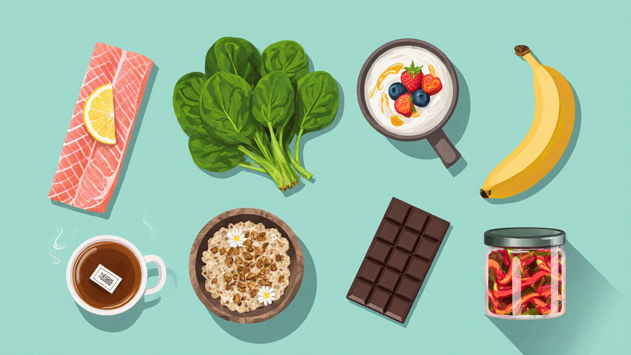 Flat‑lay of salmon, spinach, yogurt, oats, banana, chamomile tea, dark chocolate, and kimchi.