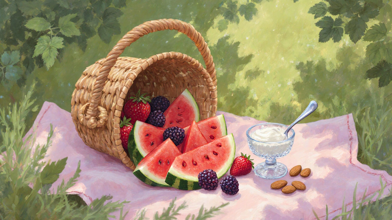 Fresh strawberries, watermelon, blackberries with Greek yogurt and almonds in a sunny picnic basket.