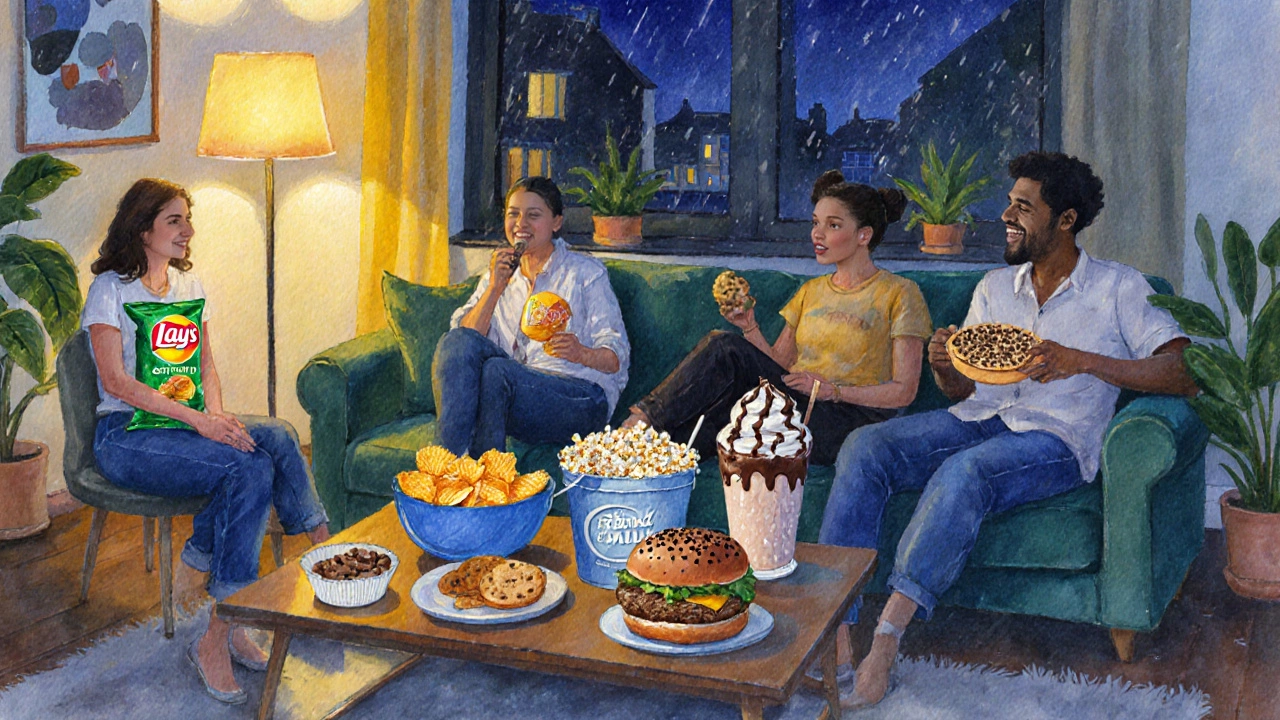 Friends gathering on a couch enjoying an assortment of vegan junk foods.
