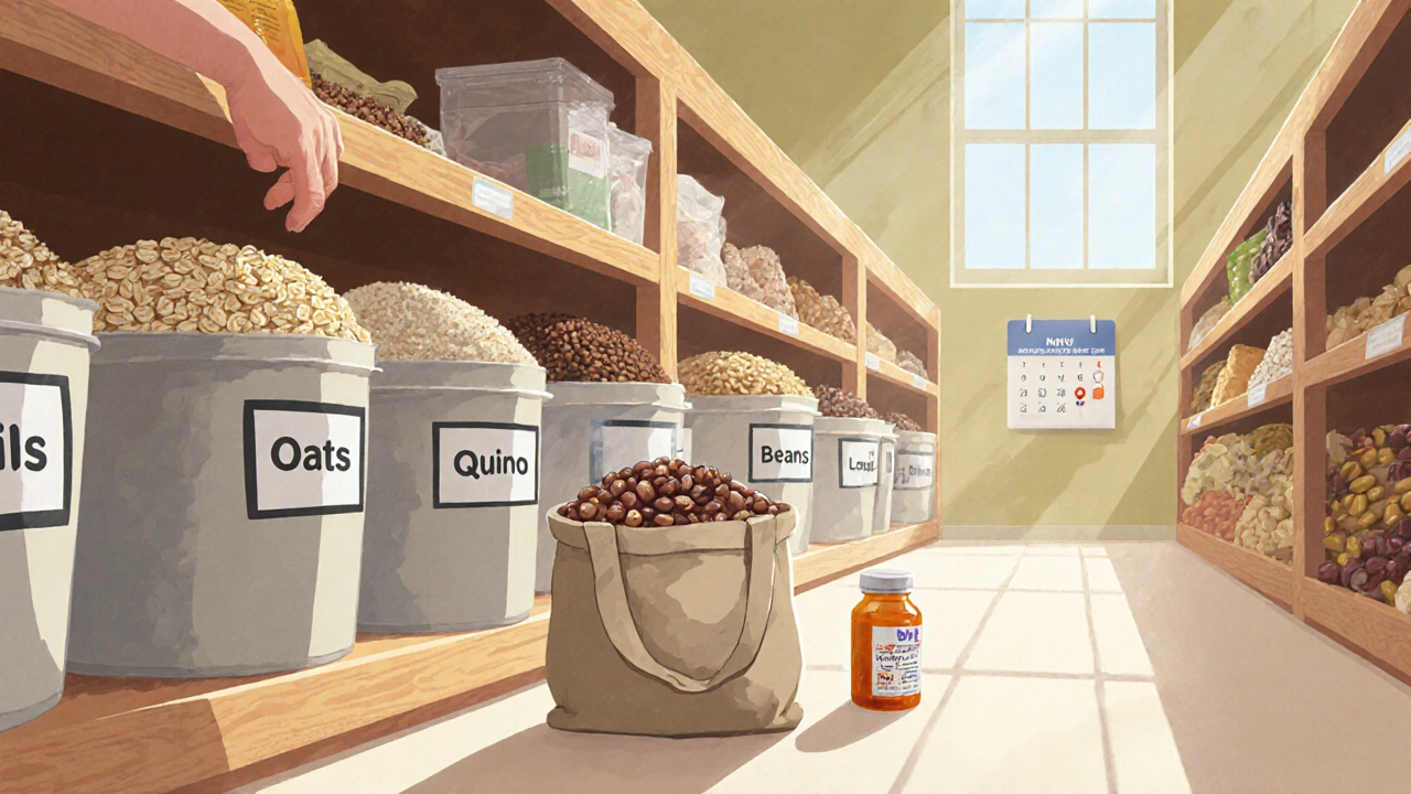 Grocery aisle with bulk grains and beans, reusable bag and a B12 bottle visible.