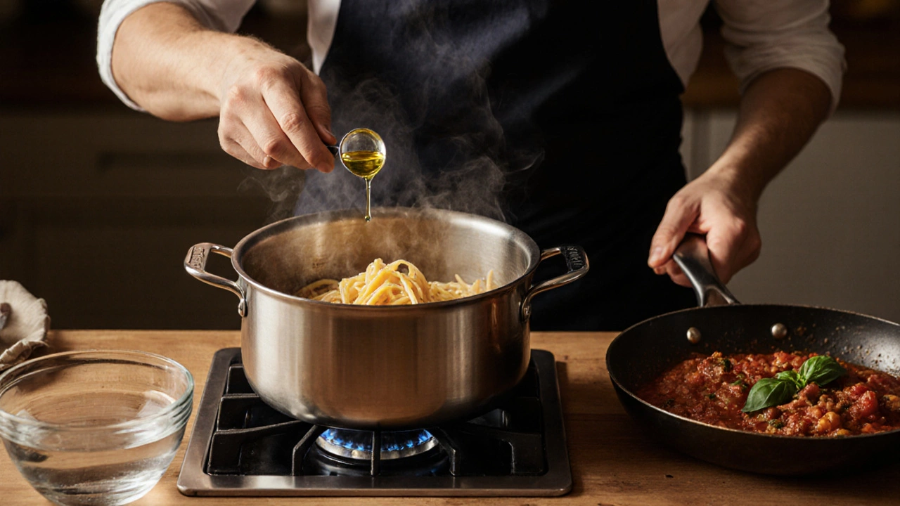 Home kitchen scene with a cook adding a teaspoon of olive oil to near‑finished pasta.