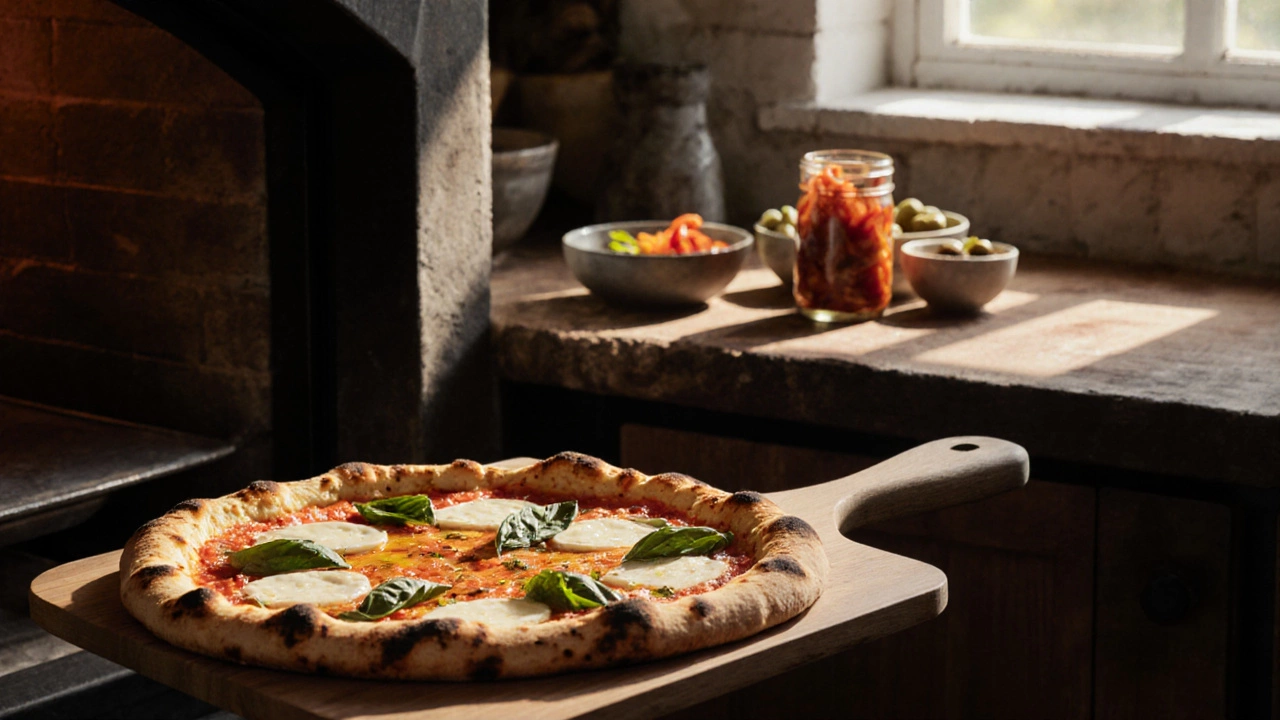 Homemade pizza on a stone oven with fresh toppings and a rustic kitchen backdrop.