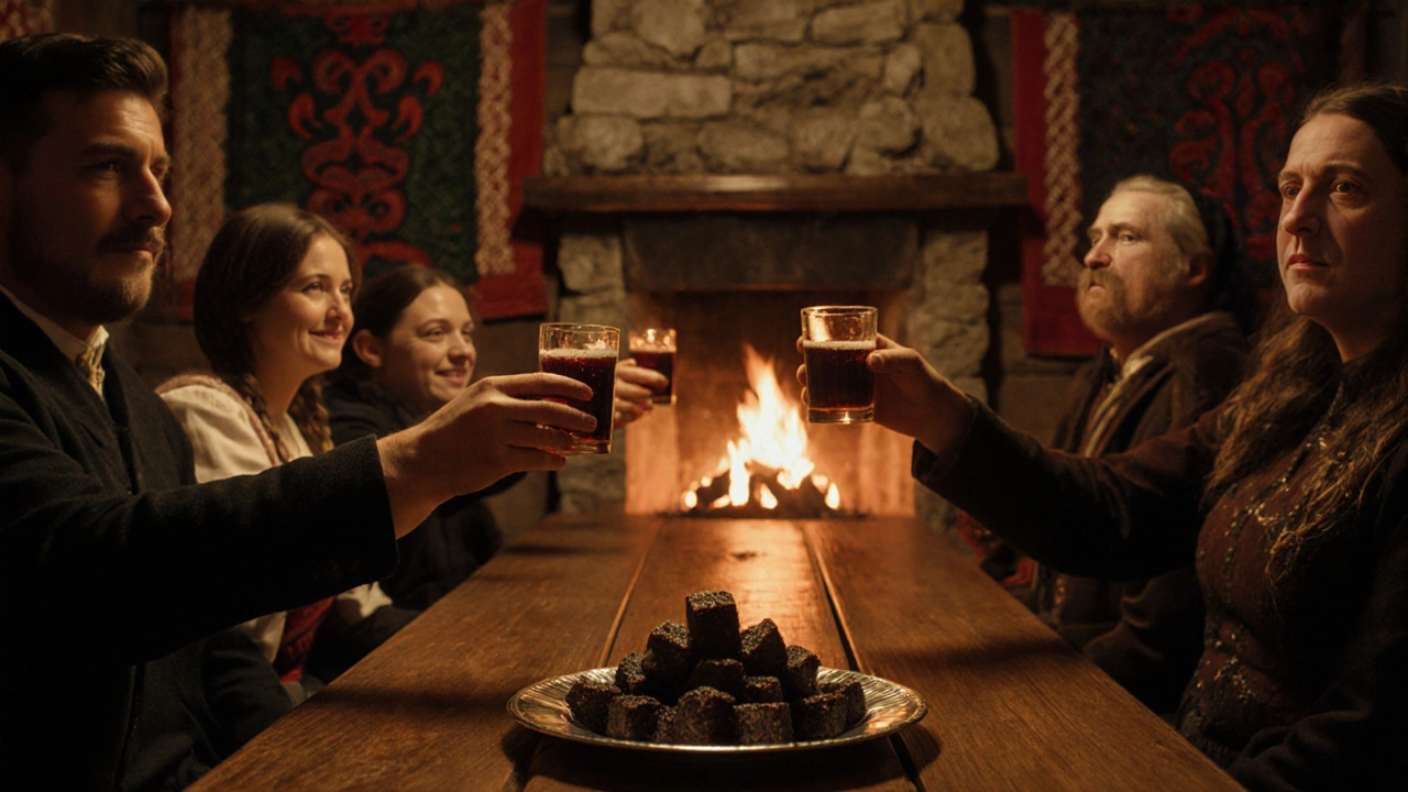 Icelandic festival scene with people toasting Hákarl cubes by a warm fire.
