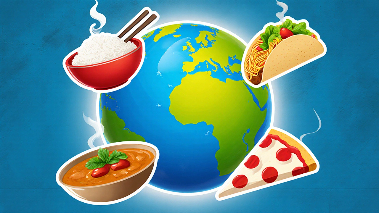 Illustrated globe surrounded by rice, pasta, tacos, curry, and pizza dishes.