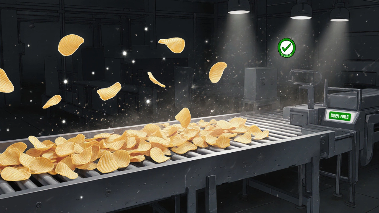 Illustration of a chip production line highlighting gluten ingredients and cross‑contamination risks.