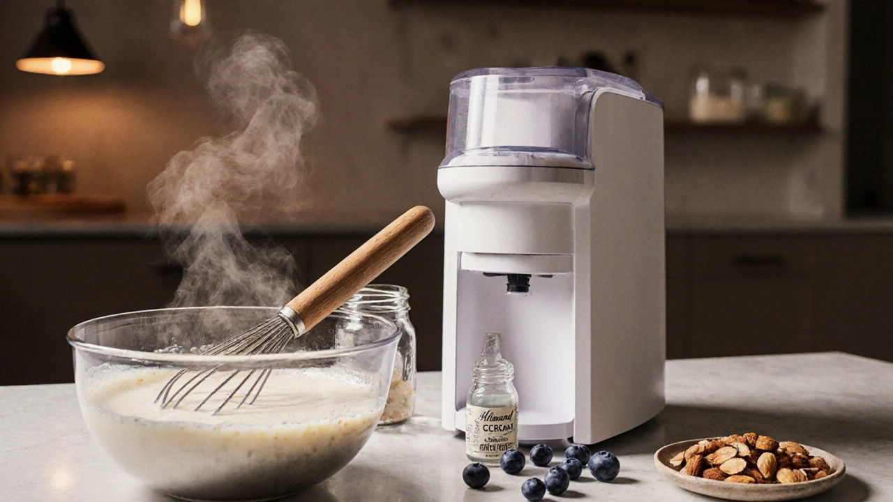 Kitchen scene of almond‑milk ice‑cream base being whisked with nuts and berries ready.