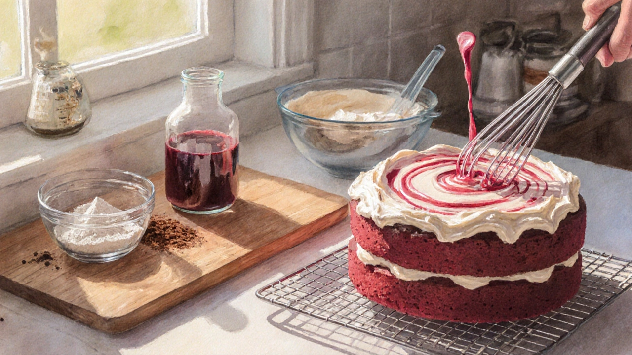 Kitchen scene of baker mixing red velvet batter and frosting, watercolor style.