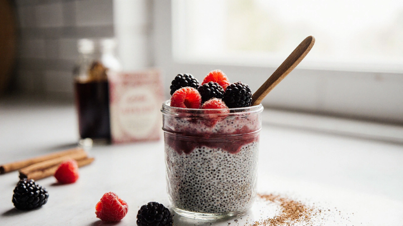 Layered chia pudding in a glass jar with fresh berries and cinnamon on top.