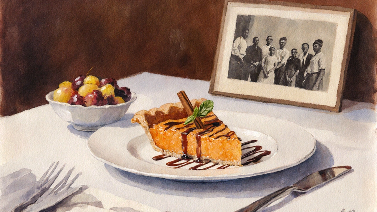 Modern restaurant plate featuring sweet potato pie and fruit compote, hinting at historic roots.