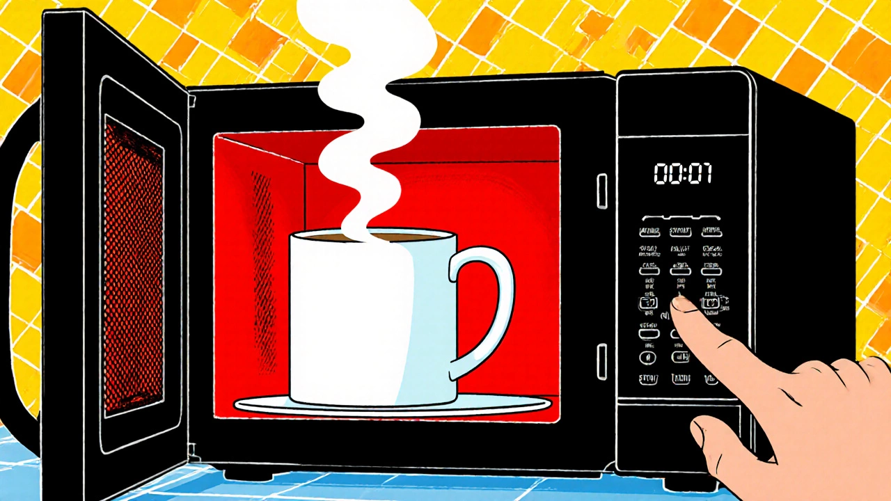 Mug inside a microwave with a glowing timer display.