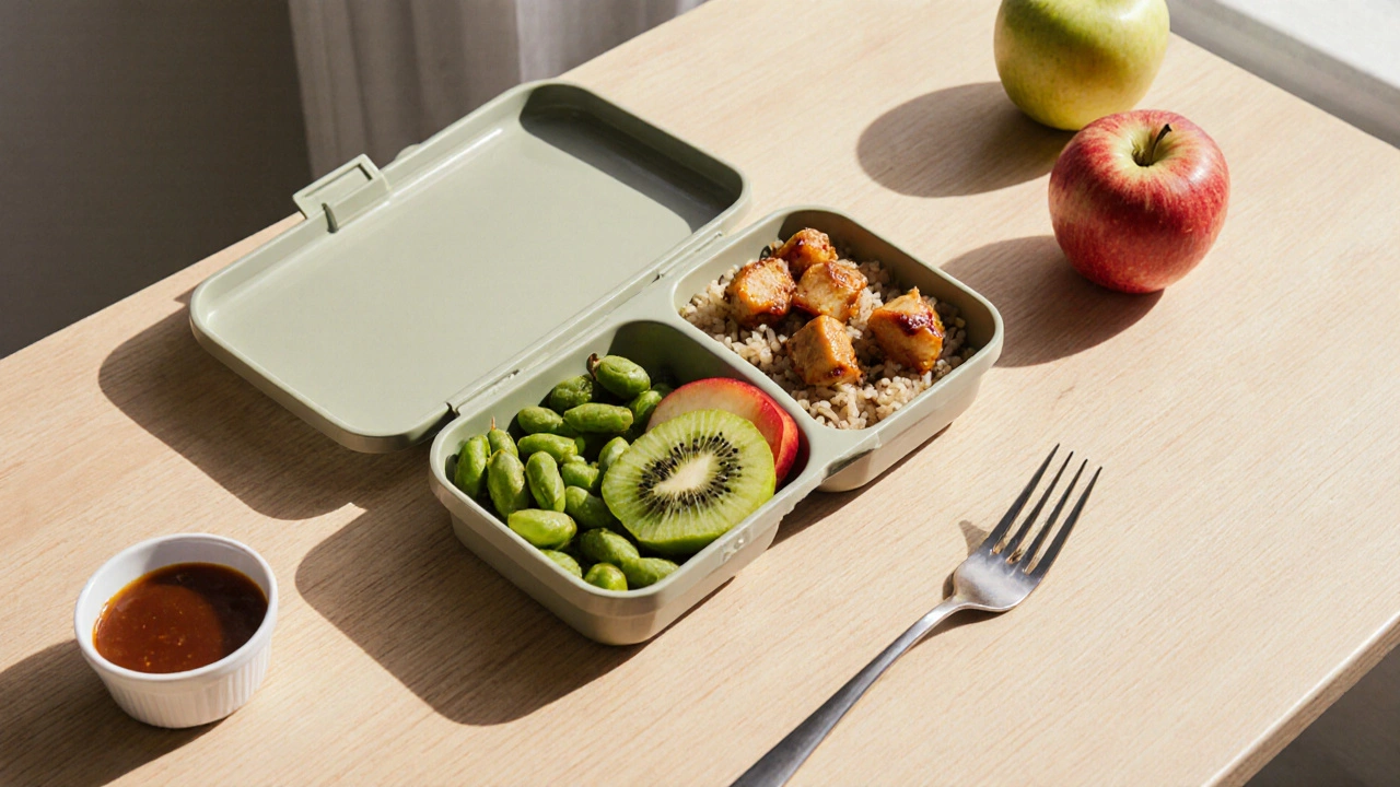 Opened bento box on a wooden desk showing rice, edamame, teriyaki chicken, and fruit.