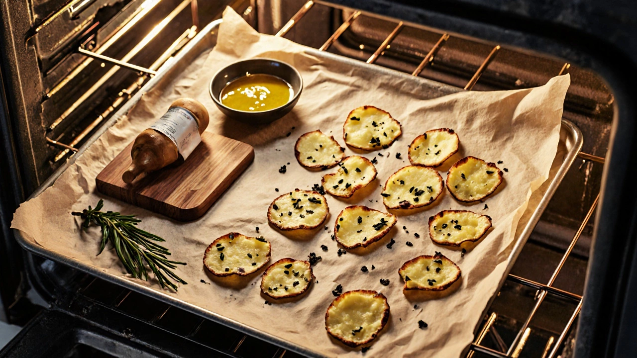 Overhead view of homemade baked potato chips with fresh potatoes, oil, and herbs on parchment.