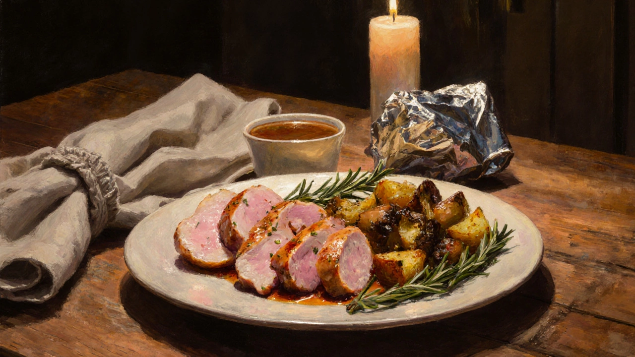 Plated sliced chicken with glaze, vegetables and candlelight on a rustic table.