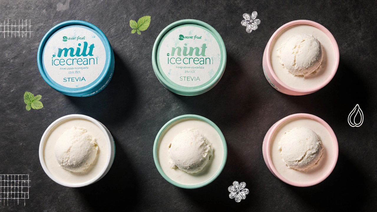 Row of low‑carb ice‑cream tubs with open lids and sweetener icons.