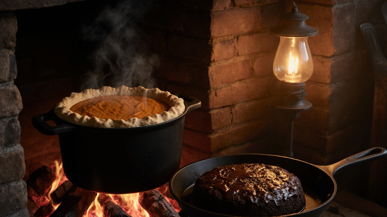 Rustic kitchen with a sweet potato pie in a Dutch oven and a molasses cake over coals.
