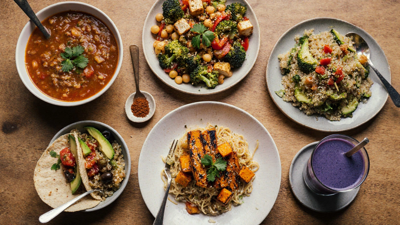 Seven plates displaying lentil soup, tofu stir-fry, chickpea salad, quinoa bowl, tempeh tacos, nutritional yeast pasta, and spirulina smoothie.