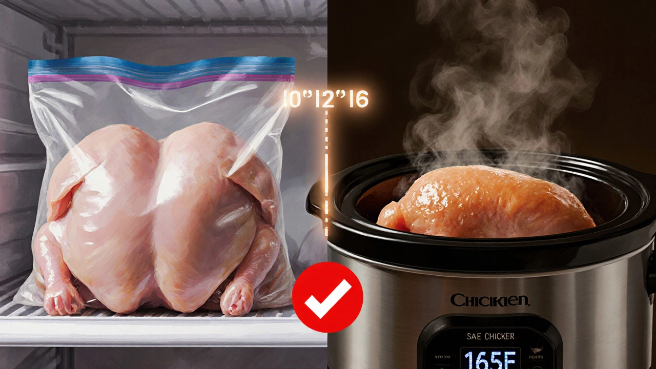 Split image showing raw chicken transforming into cooked chicken with a steam checkmark.