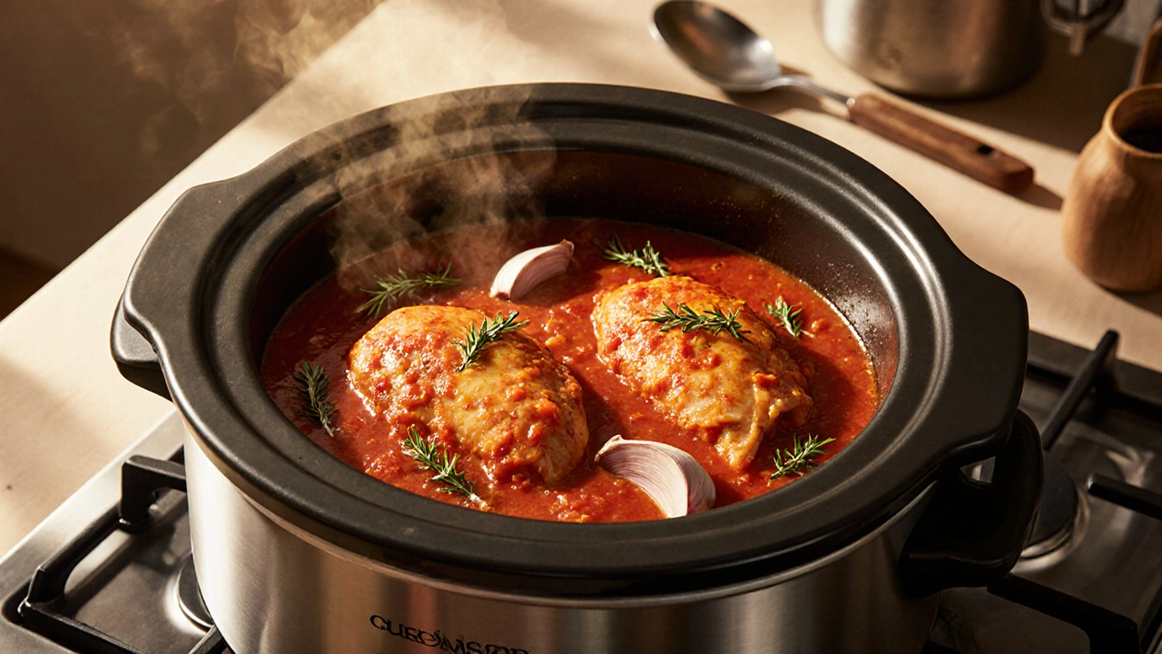 Tender shredded chicken in a rich tomato sauce inside a slow cooker, surrounded by herbs.
