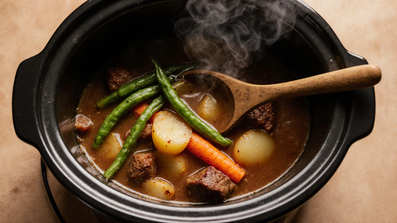 Top‑down view of a layered stew inside a slow cooker showing caramelized meat and vegetables.