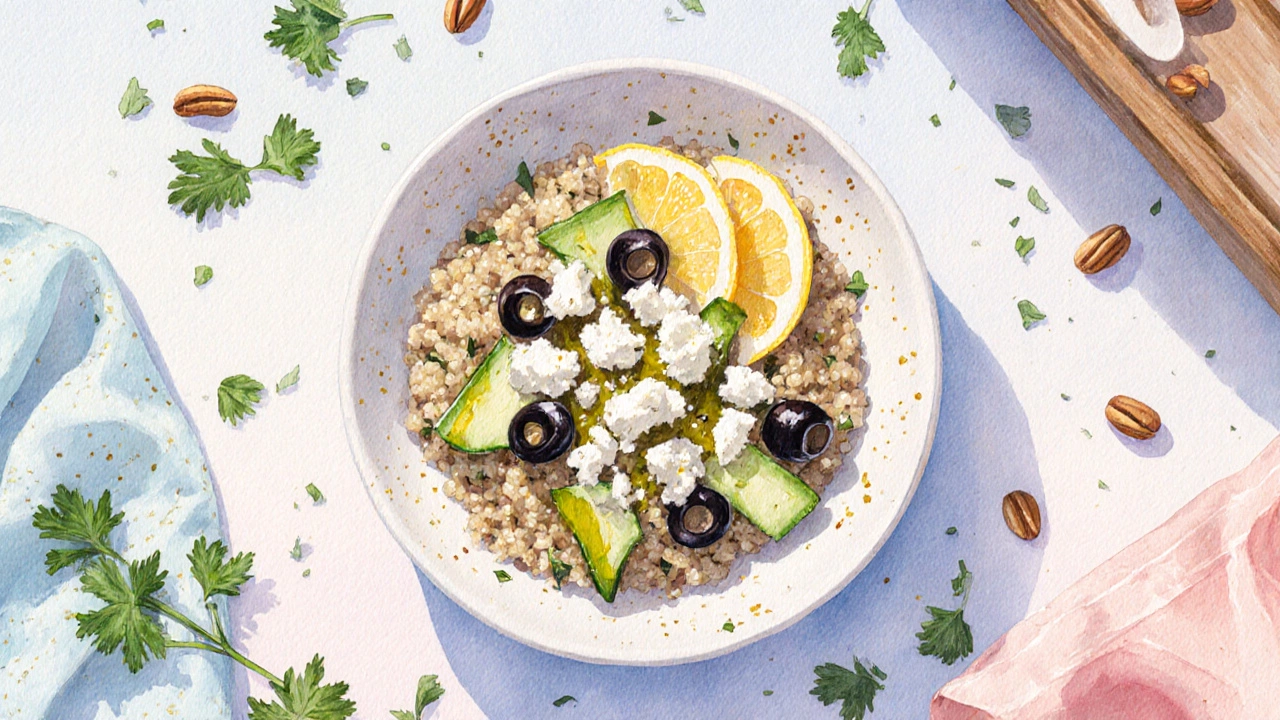 Top‑down watercolor of a quinoa grain bowl with cucumber, olives, feta, and lemon drizzle.