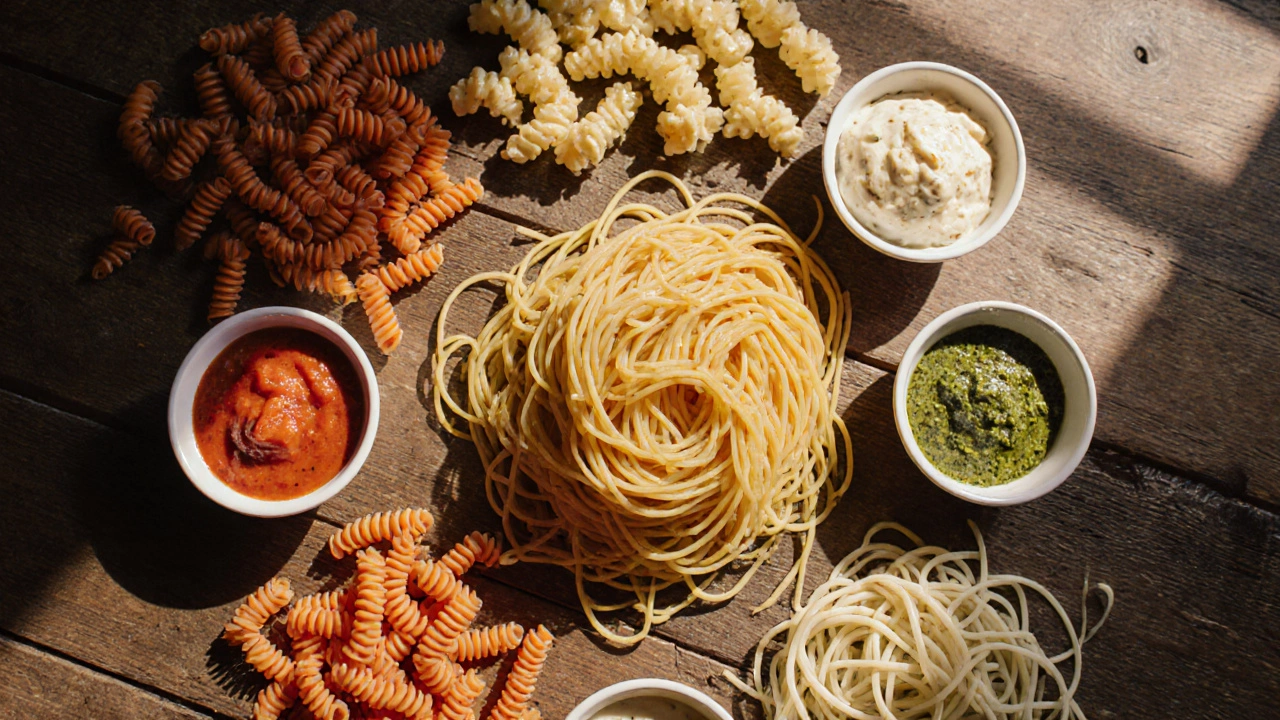 Top‑view of assorted pasta shapes arranged on a wooden table with sauce bowls.