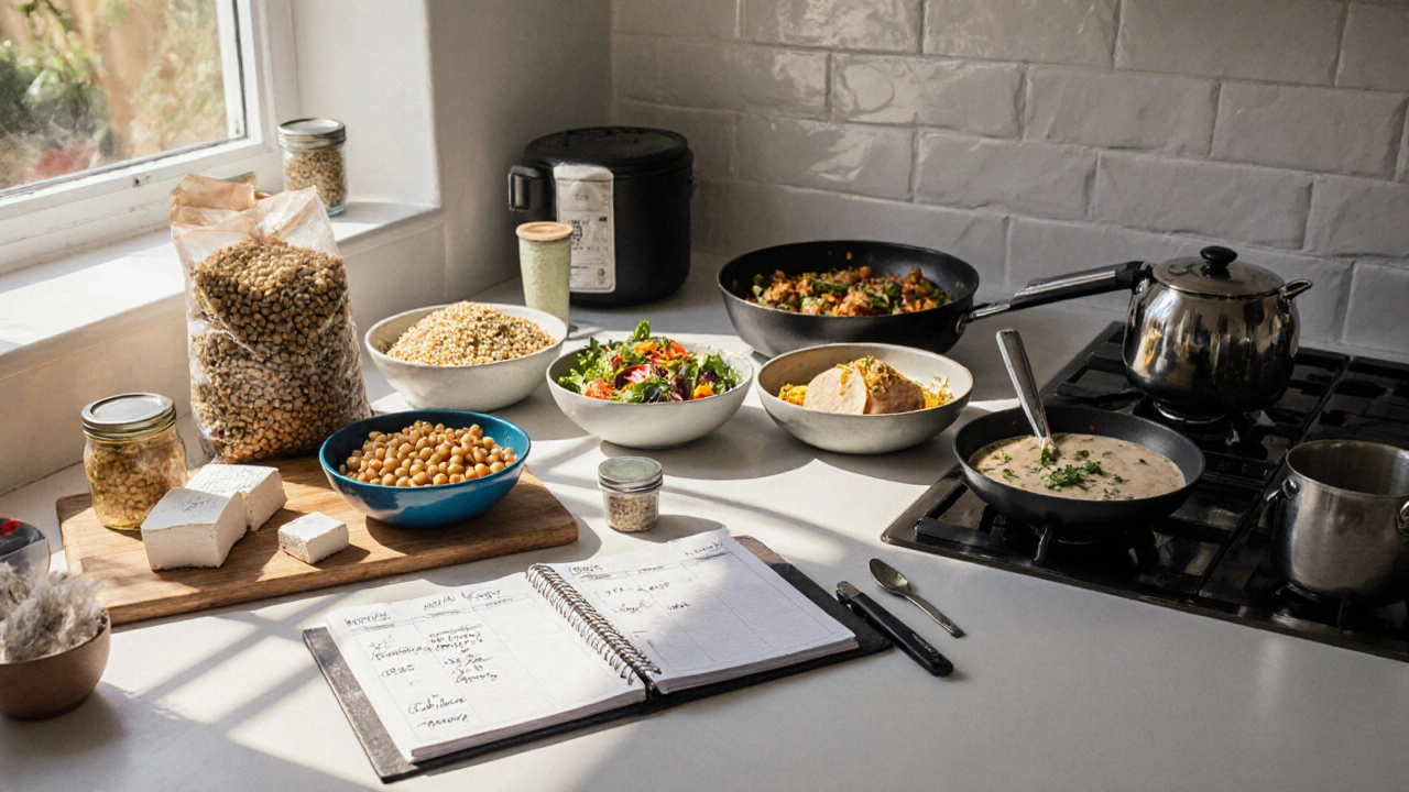 UK kitchen scene showing a weekly meal plan with ingredients and dishes for each day.