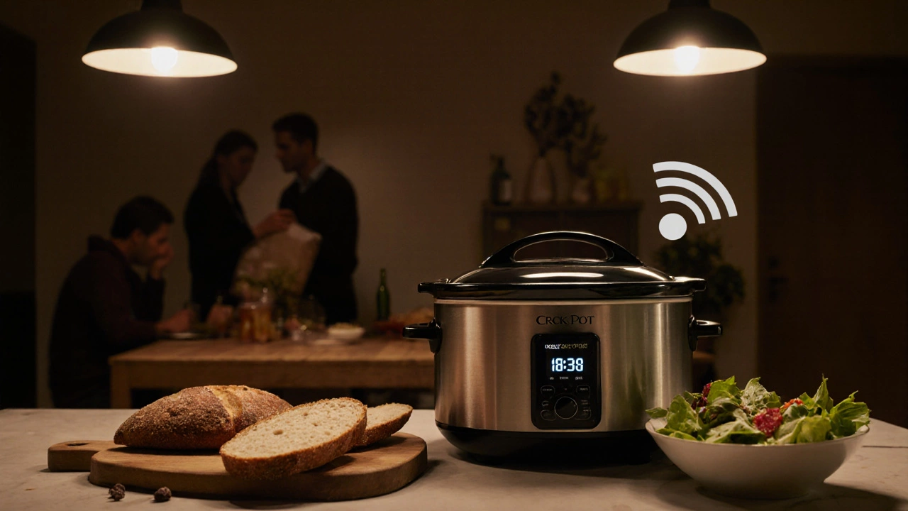 Warm kitchen scene with a Crockpot, bread, salad, and a glowing digital timer indicating keep‑warm mode.