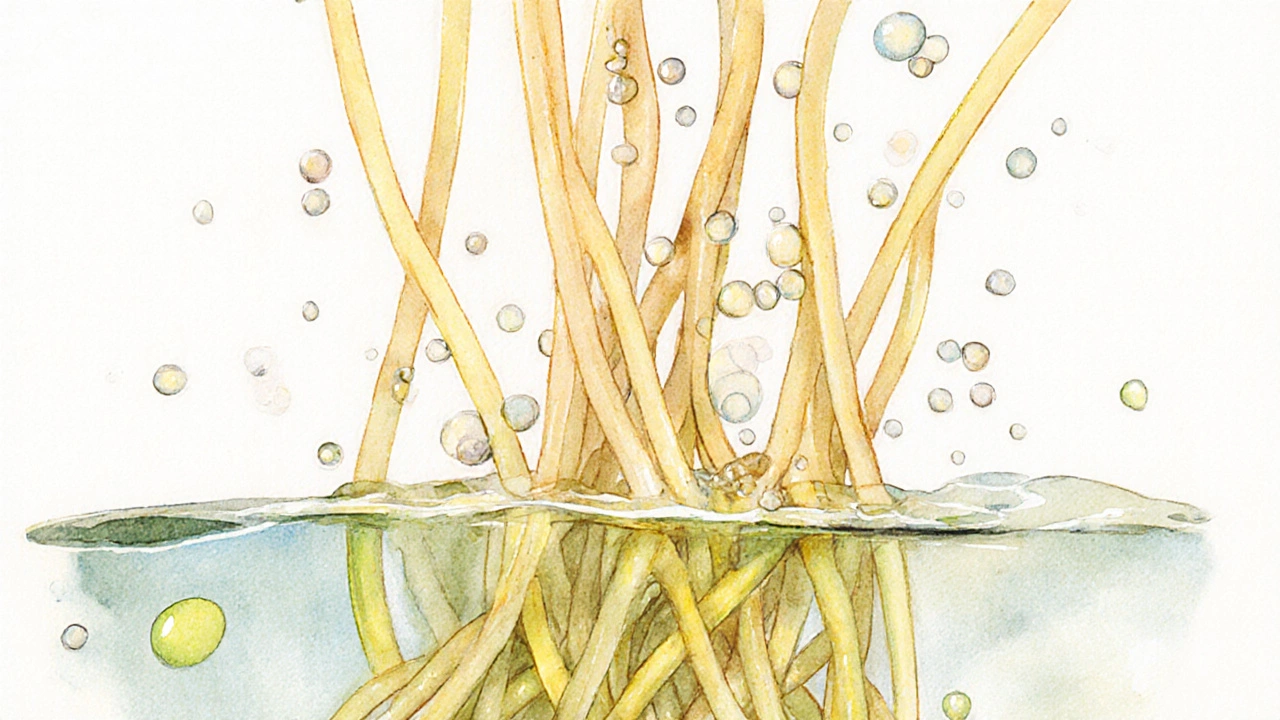 Watercolor showing noodles coated with oil and starch particles forming an emulsion.