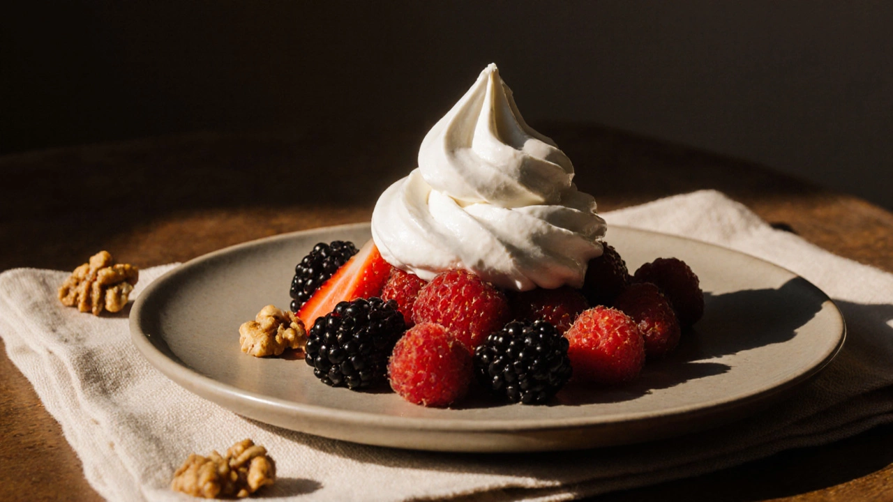 Whipped cream with mixed berries and walnuts on a ceramic plate, no sugar added.