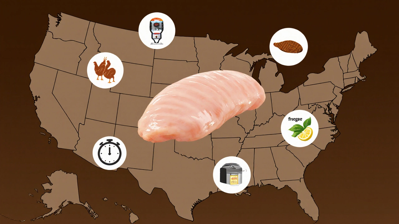 A chicken breast surrounded by icons representing its affordability, speed, and versatility across America.