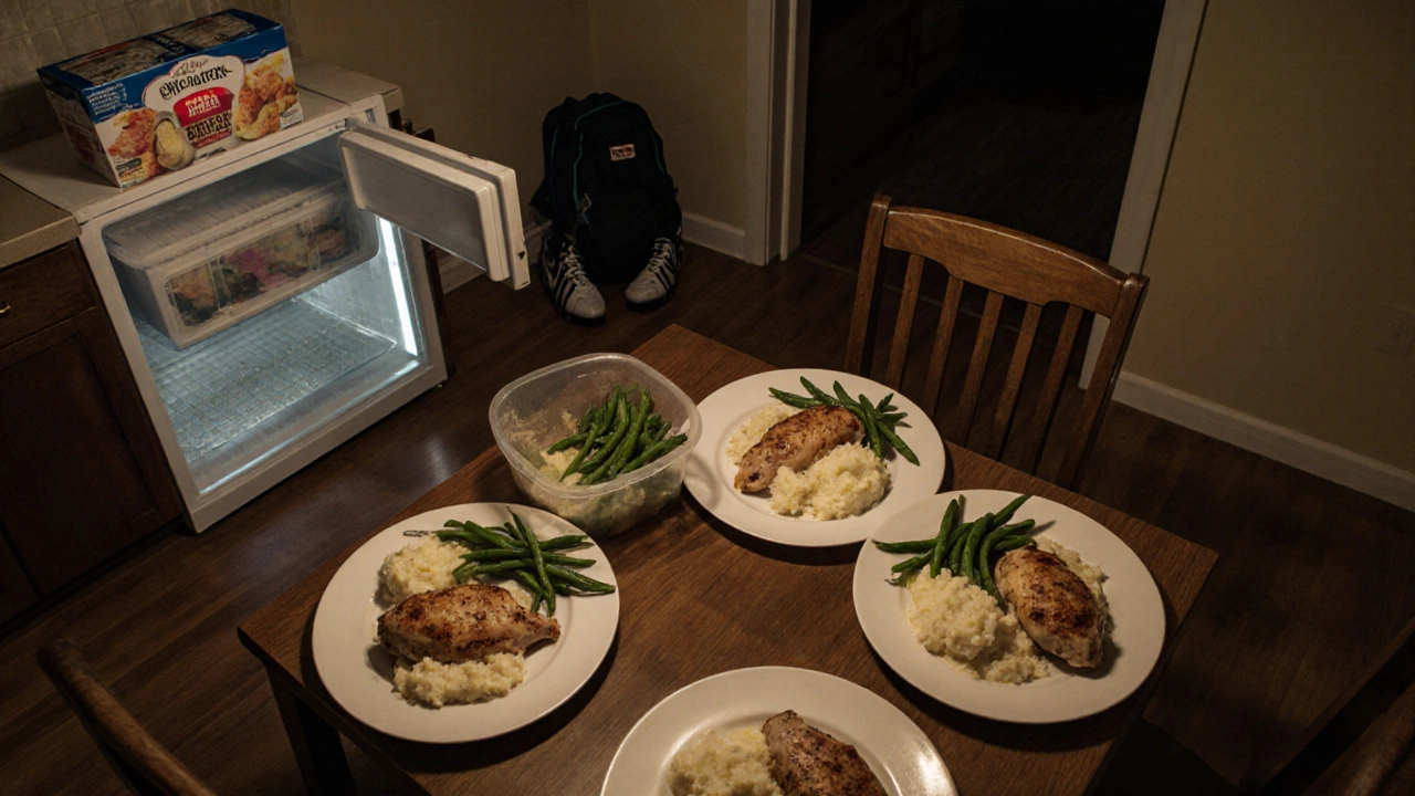 A family dinner with chicken, mashed potatoes, and green beans, freezer visible in the background.