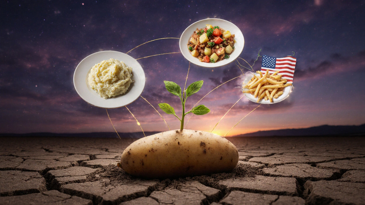 A potato grows from dry soil with images of global dishes floating around it.