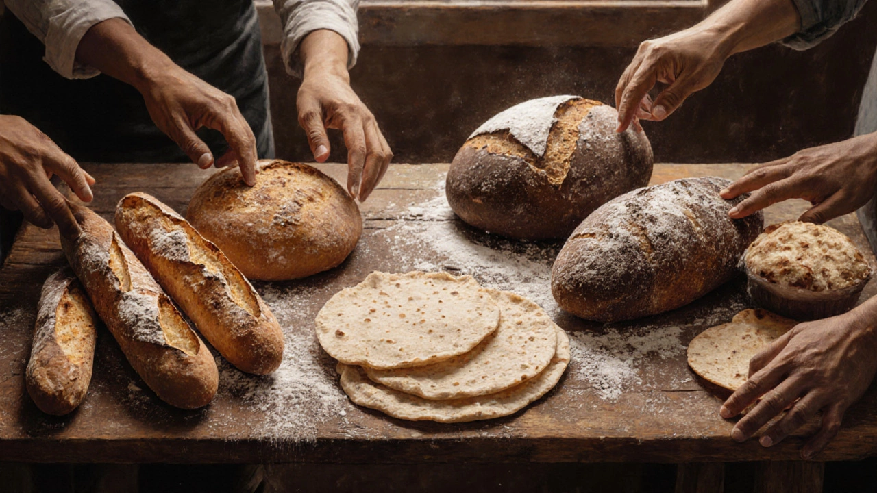 A wooden table holds diverse breads from cultures around the world.