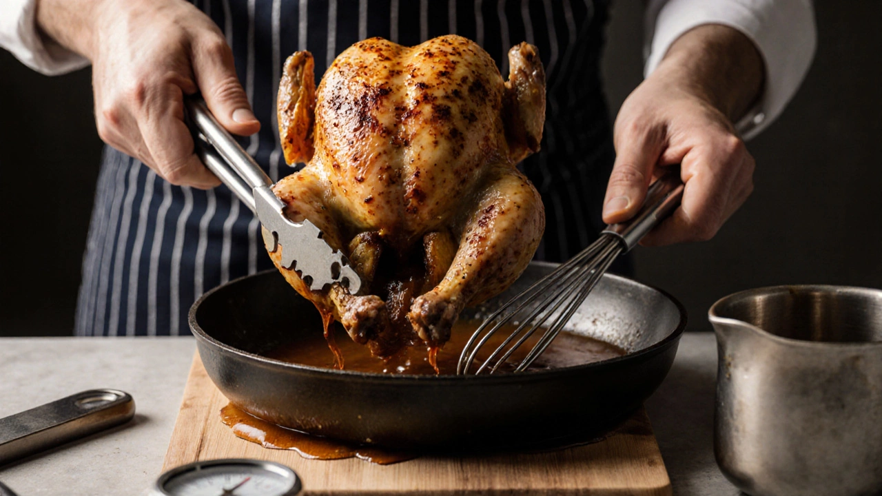 Chef lifting roasted chicken as juices flow onto a board, rich gravy being made from pan drippings.