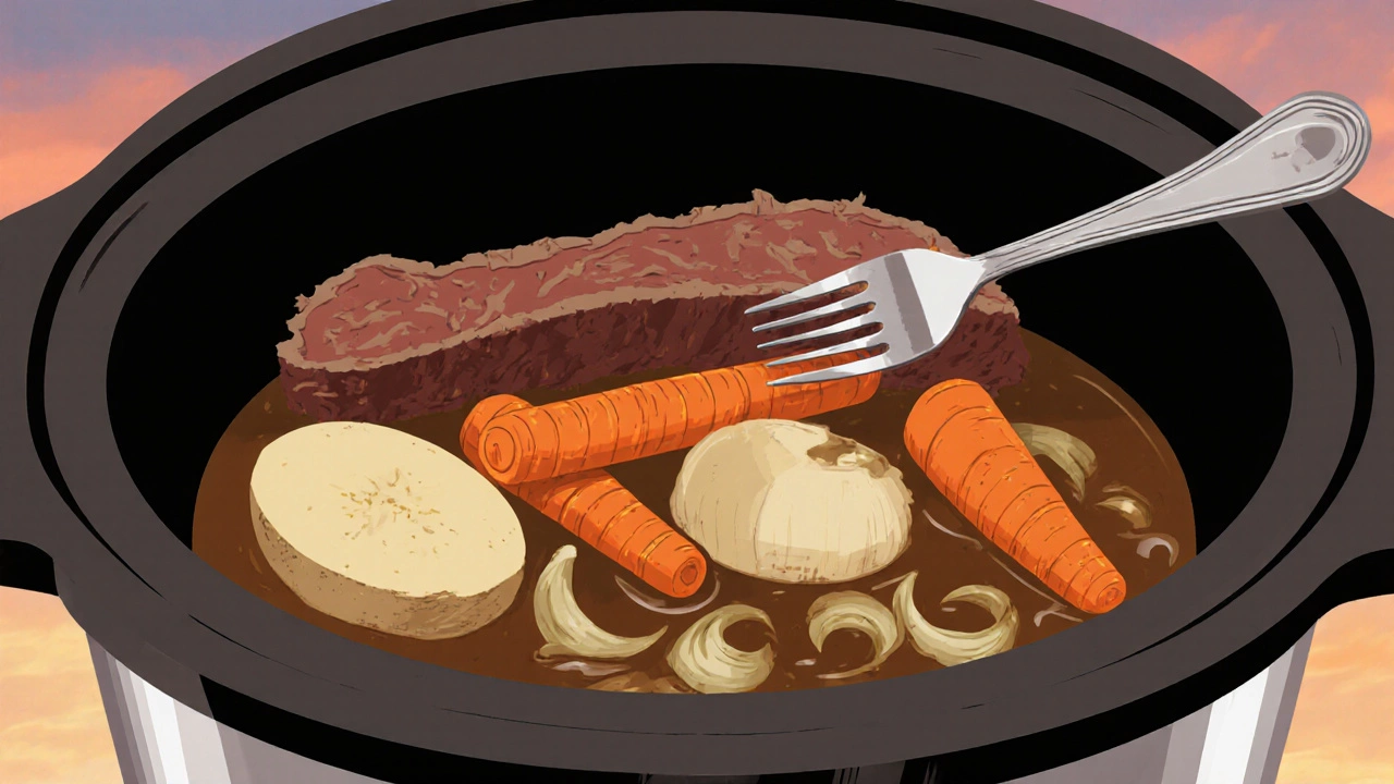 Cross-section of a slow cooker showing layered ingredients with perfectly tender vegetables.
