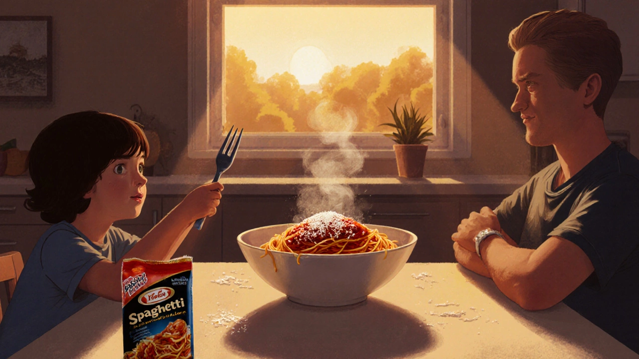 Family eating spaghetti at dinner, with a microwave pouch nearby on the counter.