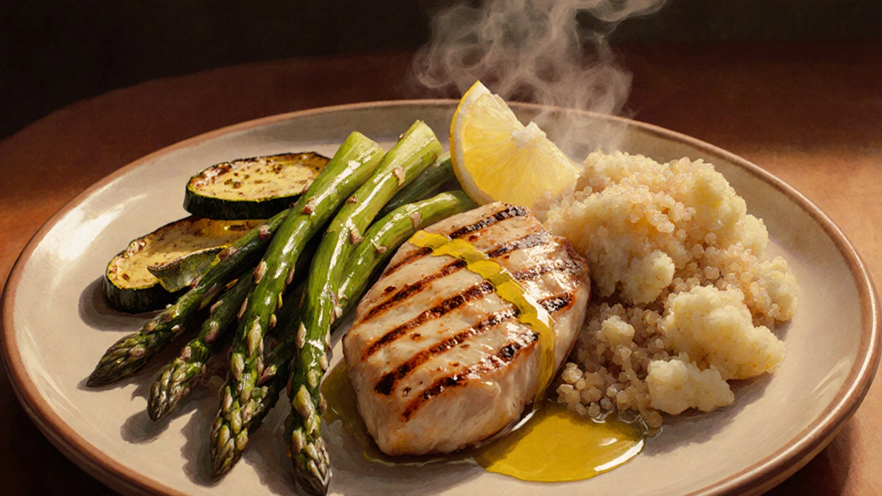 Lunch plate with grilled chicken, asparagus, quinoa, and roasted zucchini in warm lighting.