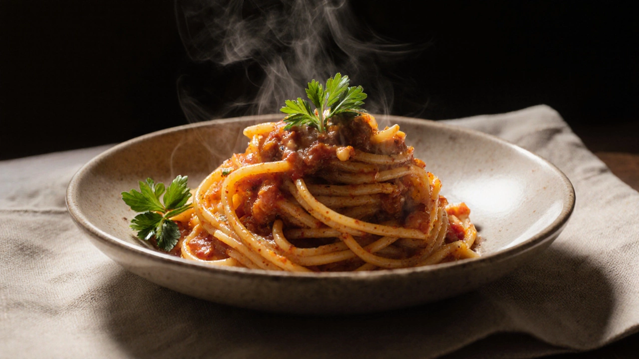 Perfectly plated pasta with glossy sauce, resting off heat, garnished with parsley.