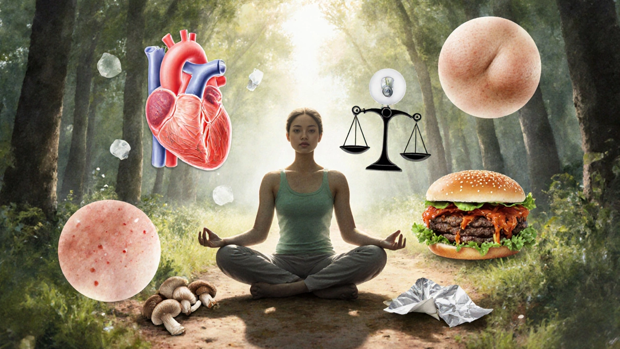 Person meditating in a forest with floating symbols of improved health: heart, skin, taste buds, and food transformation.