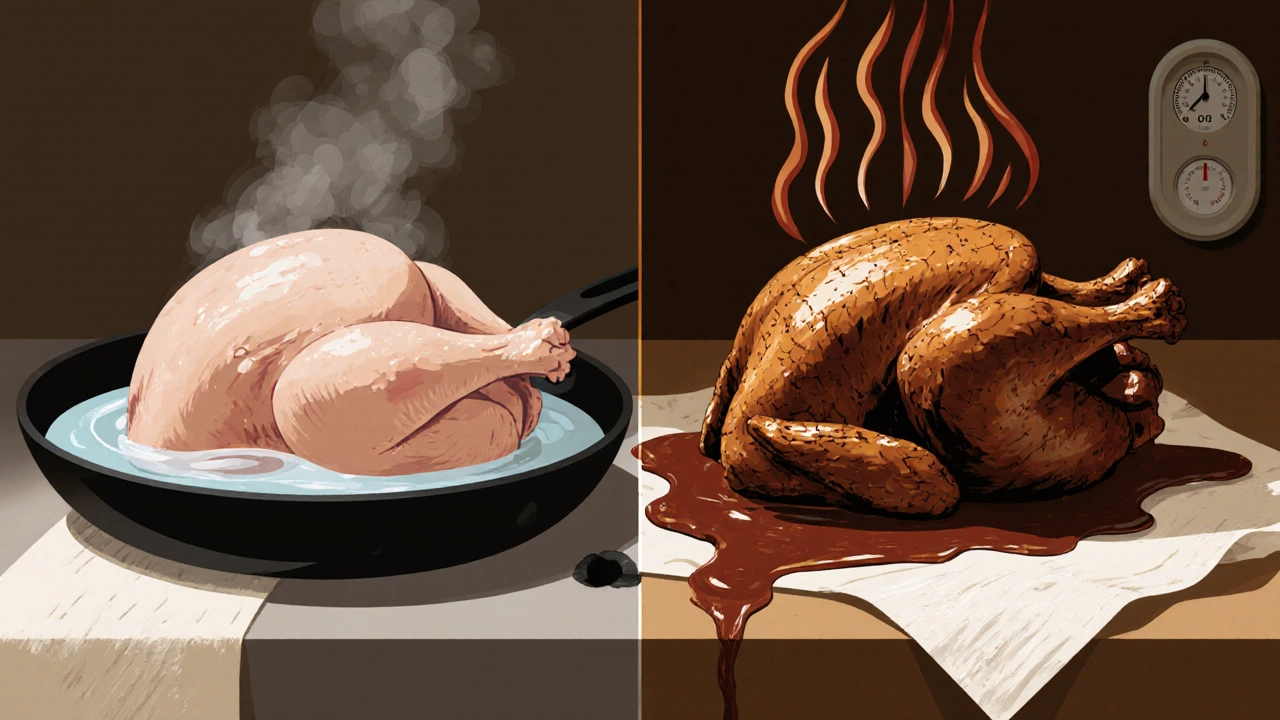 Side-by-side comparison: one chicken with soggy skin in water, another with perfect crisp skin and drippings.